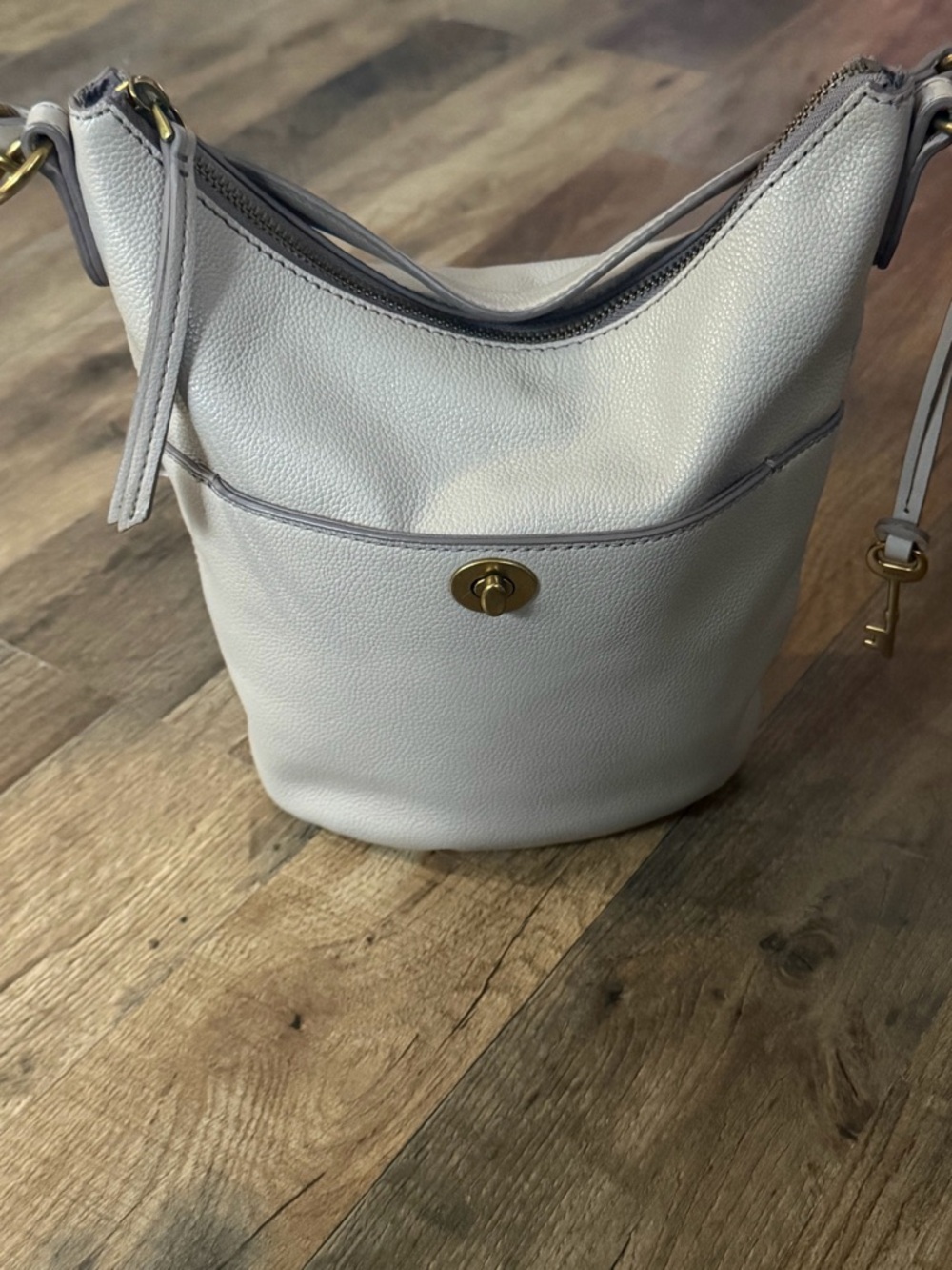 Fossil Light Gray Pebbled Leather Crossbody Bucket Bag